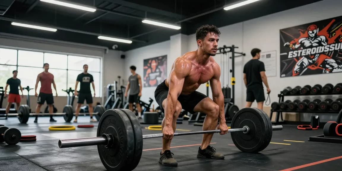 Un culturista levantando pesas en un gimnasio, representando el enfoque de Esteroidesshop en esteroides anabólicos para un rendimiento máximo.