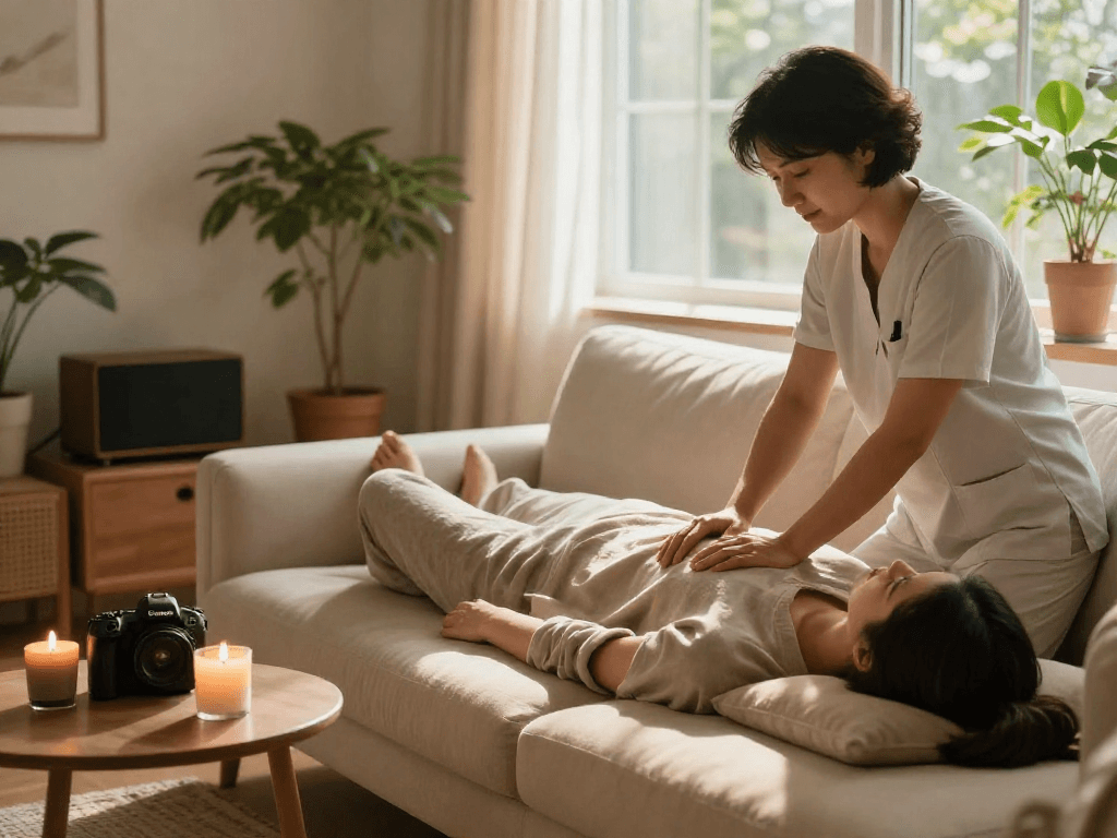 수원출장안마 service with a professional therapist providing a massage in a cozy home setting, creating a relaxing atmosphere.