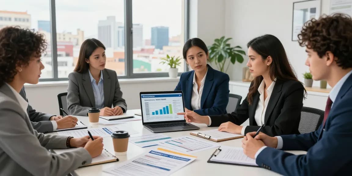 Mortgage specialists discussing préstamo hipotecario options in a modern office setting.
