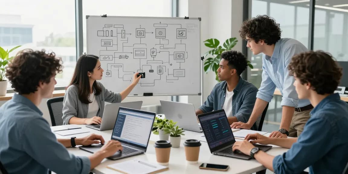 Team collaborating to build internal tools with AI in a modern office setting, showcasing creativity and innovation.