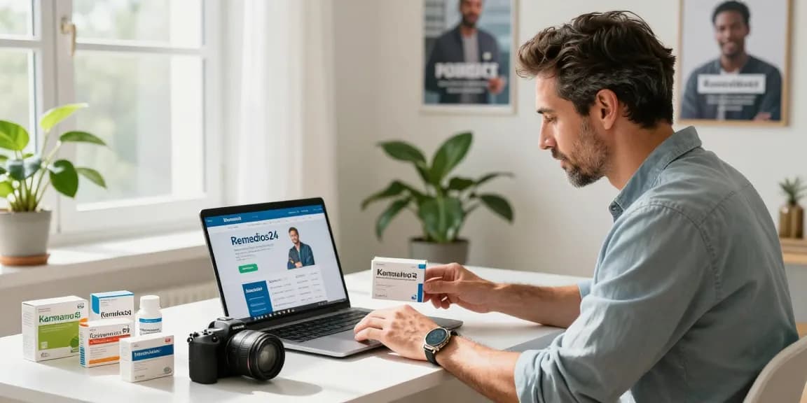 Man buying Kamagra online at Remedios24 pharmacy, showcasing health and wellness.