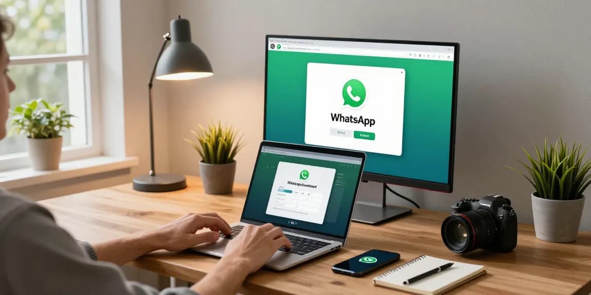 Using WhatsApp電腦版 on a laptop in a modern home office, showcasing productivity and communication.