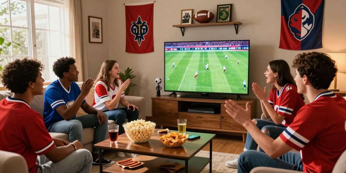 Friends enjoying a lively sports viewing party while watching rojadirectatv football match in a cozy living room.