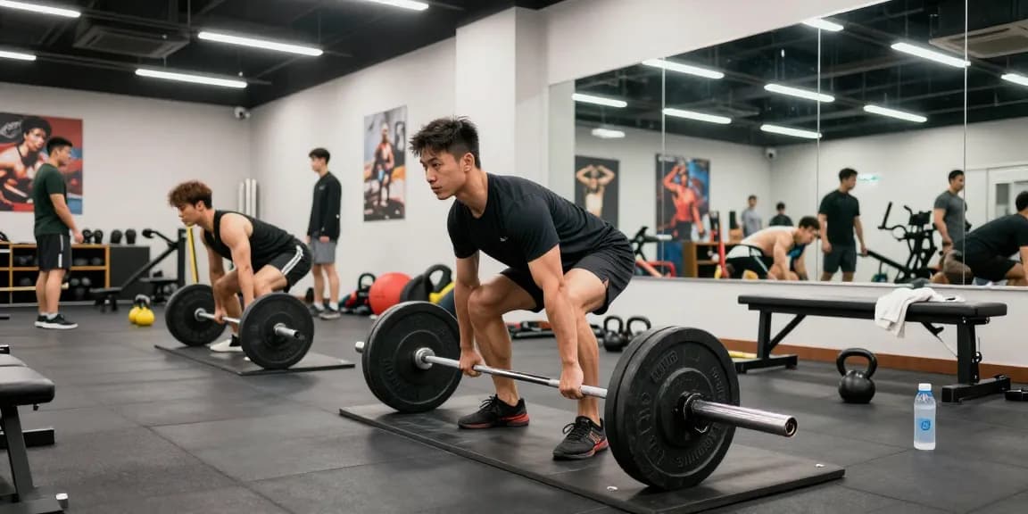 Entrenamiento en el gimnasio con el nombre Esteroidesshop y un hombre levantando pesas.