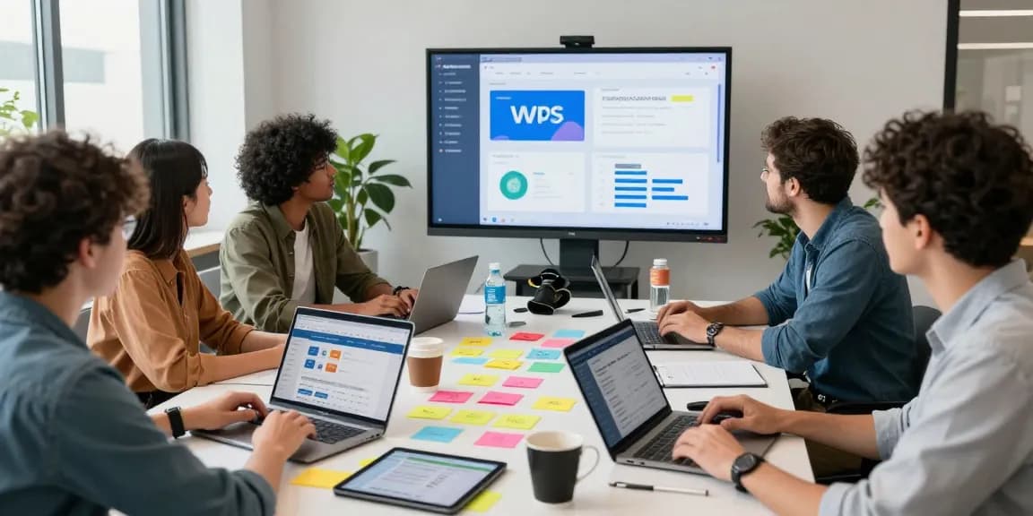 Team collaborating in modern workspace featuring WPS Official Website on screens, showcasing innovation.