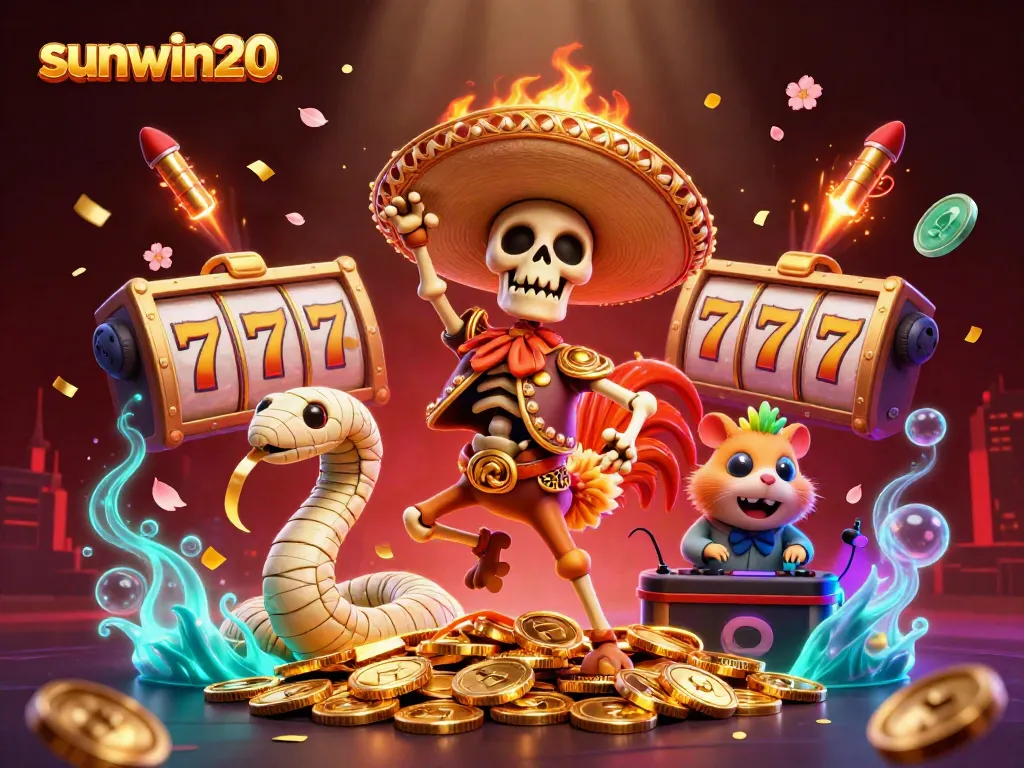 Spin and win big with sunwin20 in a vibrant casino scene featuring lucky symbols and dynamic characters