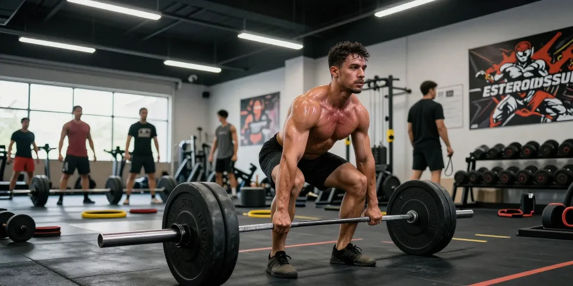 Un culturista levantando pesas en un gimnasio, representando el enfoque de Esteroidesshop en esteroides anabólicos para un rendimiento máximo.