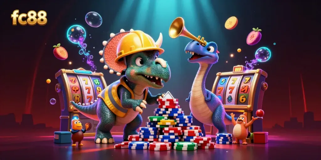 Experience fc88's thrilling casino action with a vibrant scene featuring a cartoon triceratops and parasaurolophus celebrating slot victories.