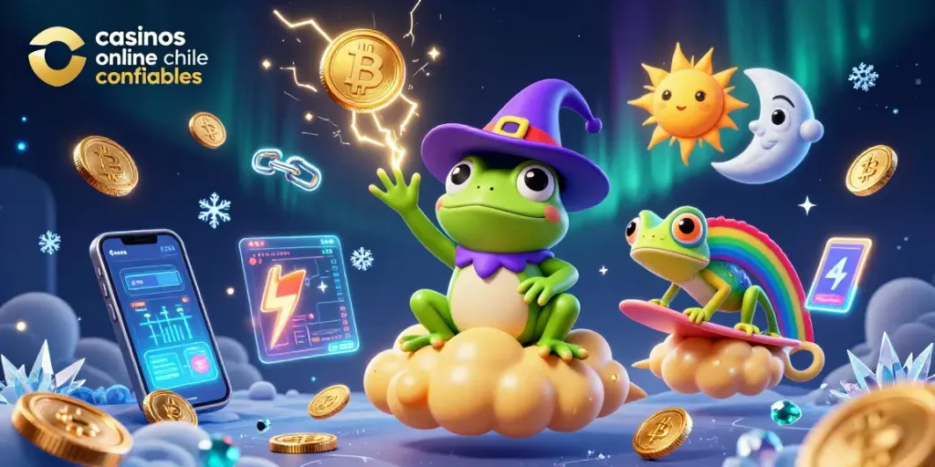 Promociona casinos online chile confiables con un mago creando una tormenta de monedas doradas.