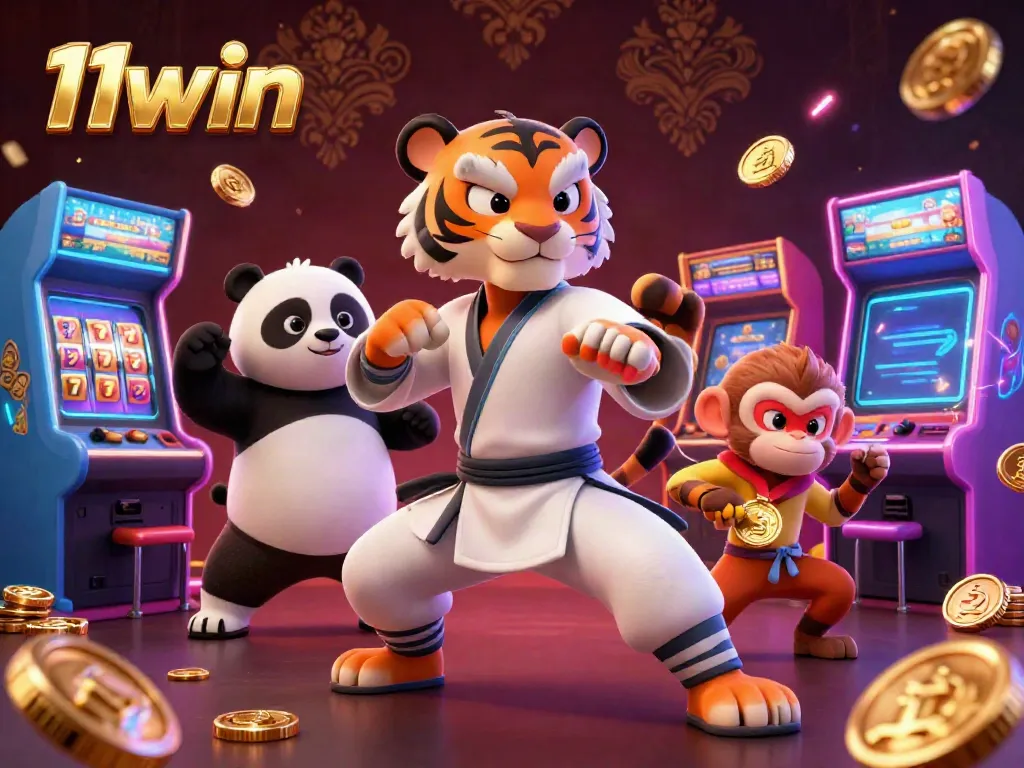 Experience excitement with 11win as a kung fu tiger showcases slots amidst vibrant gaming elements.