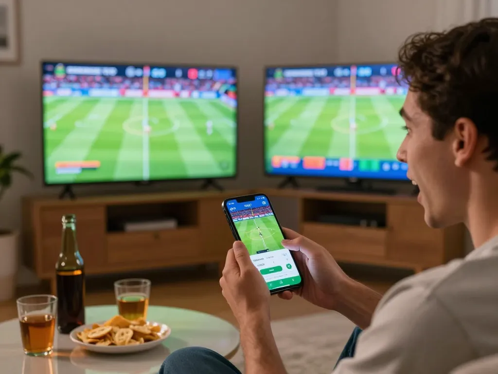 Soccer fan placing live bets through mobile app while watching a game