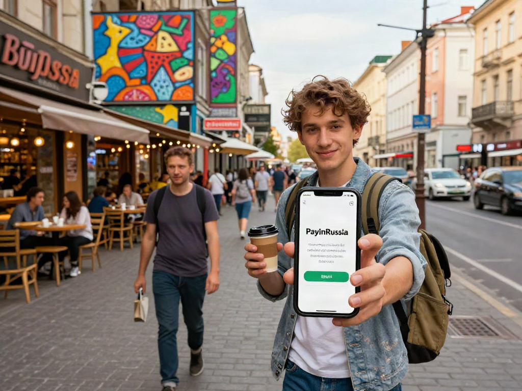 Una turista utilizando la aplicación https://payinrussia.com/ para realizar pagos en Moscú, rodeada de tiendas y arte urbano.
