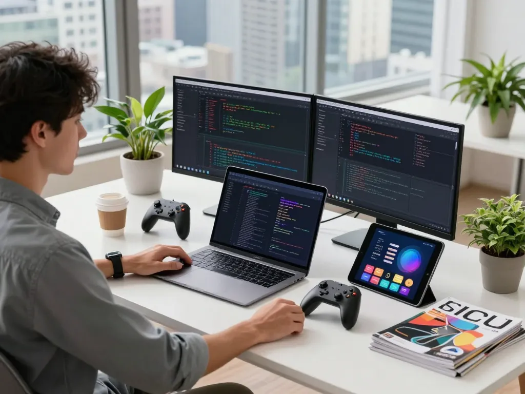 Workspace with innovative tech gadgets, including Bluetooth controllers and smart devices, in a modern office setting.