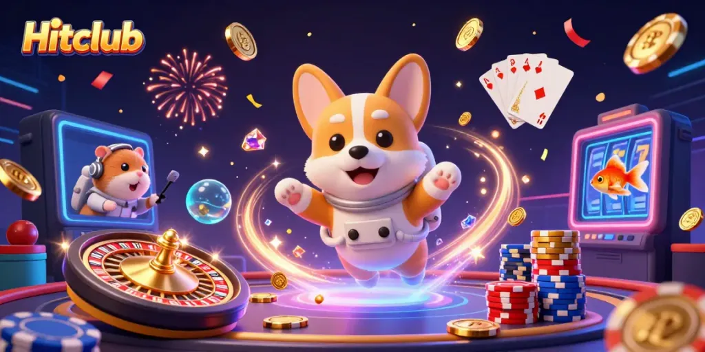 Enjoy the dynamic gaming atmosphere of Hitclub's space station casino featuring vibrant characters and exciting gambling elements.