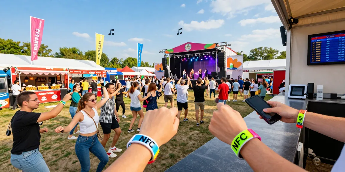 Attendees using pulseras con chip para eventos at a vibrant outdoor festival, engaging seamlessly with vendors and enjoying performances.