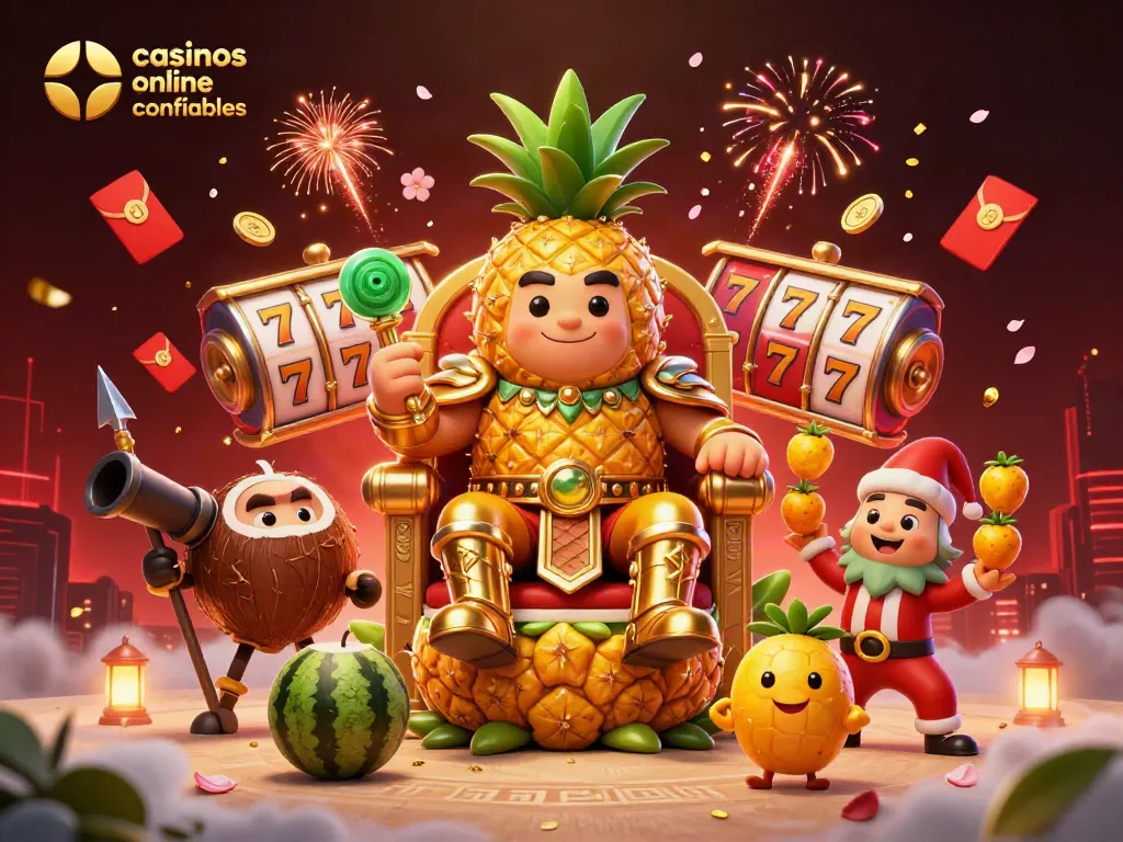 Juega en los casinos online Chile confiables con el rey piña y su corte de frutas en una escena vibrante