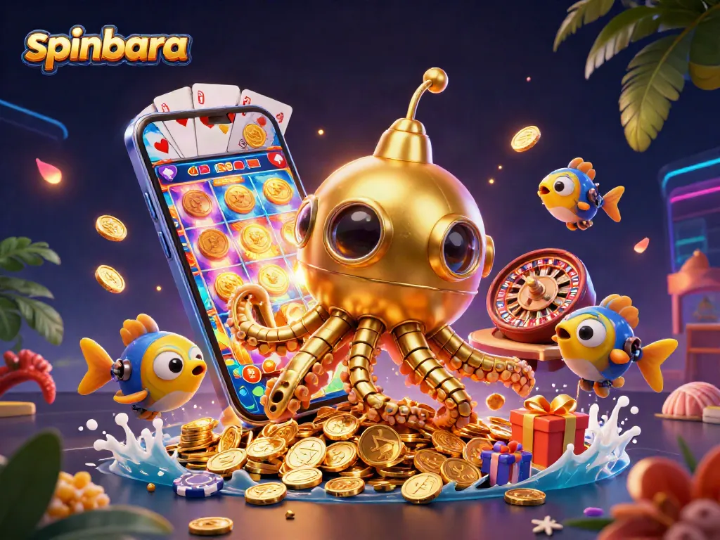 Experience thrilling spins at Spinbara Casino with golden coins and vibrant game elements.