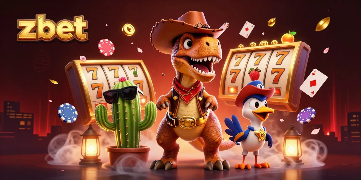 Engage in thrilling gaming moments with zbet's dynamic casino scene featuring a cowboy dinosaur.