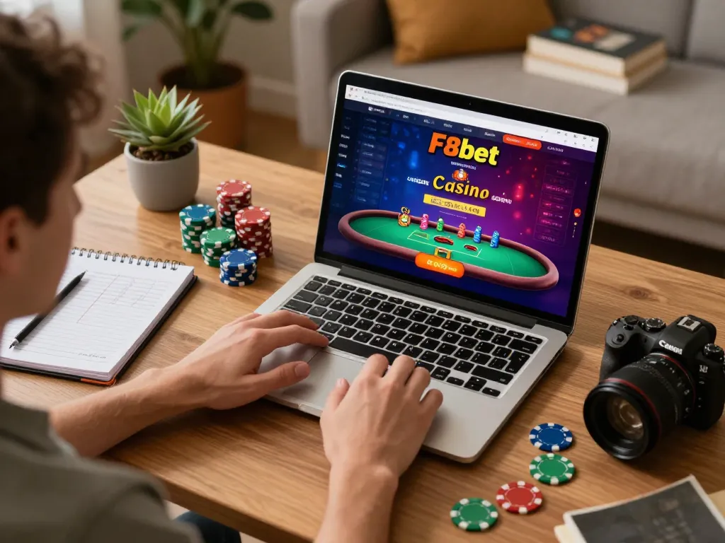 Player strategically engaging with F8bet casino on laptop in a cozy home setting.