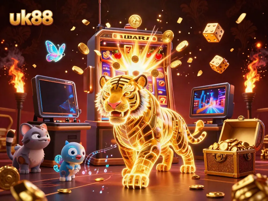 Experience the thrilling world of uk88 with a vibrant casino-themed scene featuring a golden tiger and dynamic game elements.
