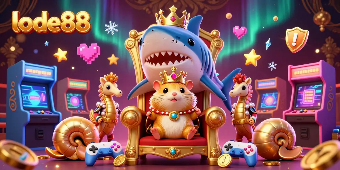 Engage with lode88's vibrant casino experience featuring a golden hamster king on a megalodon throne.