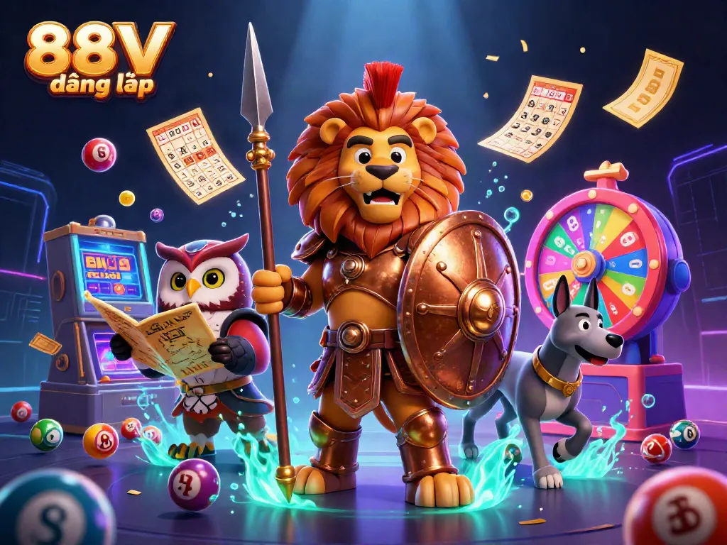 Engage in gaming adventures with 88VV đăng nhập, featuring a heroic lion in armor amidst vibrant lottery elements.