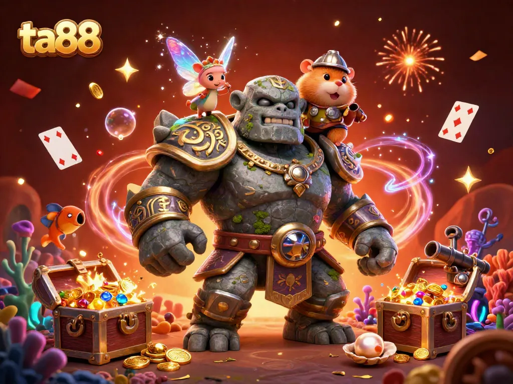 Experience jackpot thrills with ta88 in a vibrant, magical casino scene featuring ancient guardians and treasures.