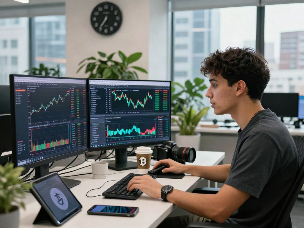 Comprar BTC mientras un trader observa precios en múltiples pantallas en una oficina moderna.