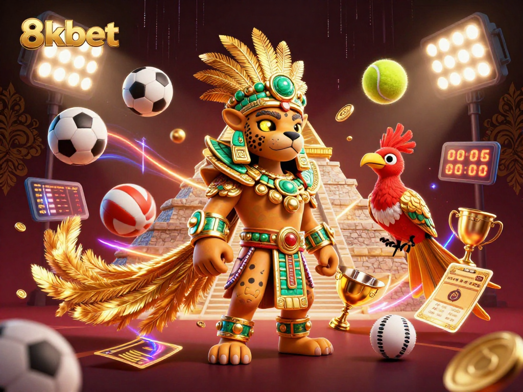 Engage in thrilling sports betting adventures with 8xbet's vibrant 3D illustration featuring dynamic characters and elements.
