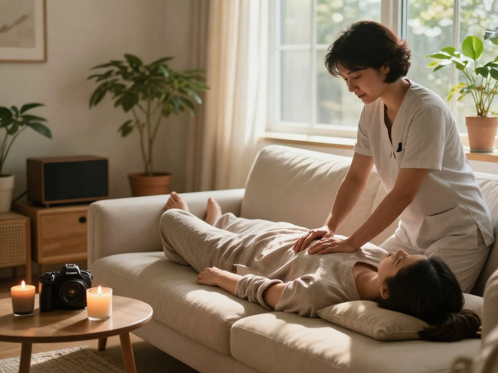 수원출장안마 service with a professional therapist providing a massage in a cozy home setting, creating a relaxing atmosphere.
