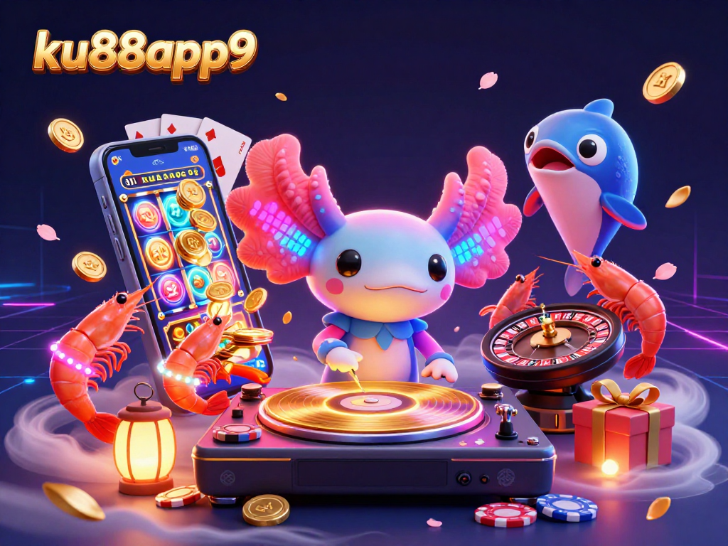 Engage with the vibrant world of ku88app9 showcasing a dazzling casino scene featuring a DJ axolotl and festive sea creatures.