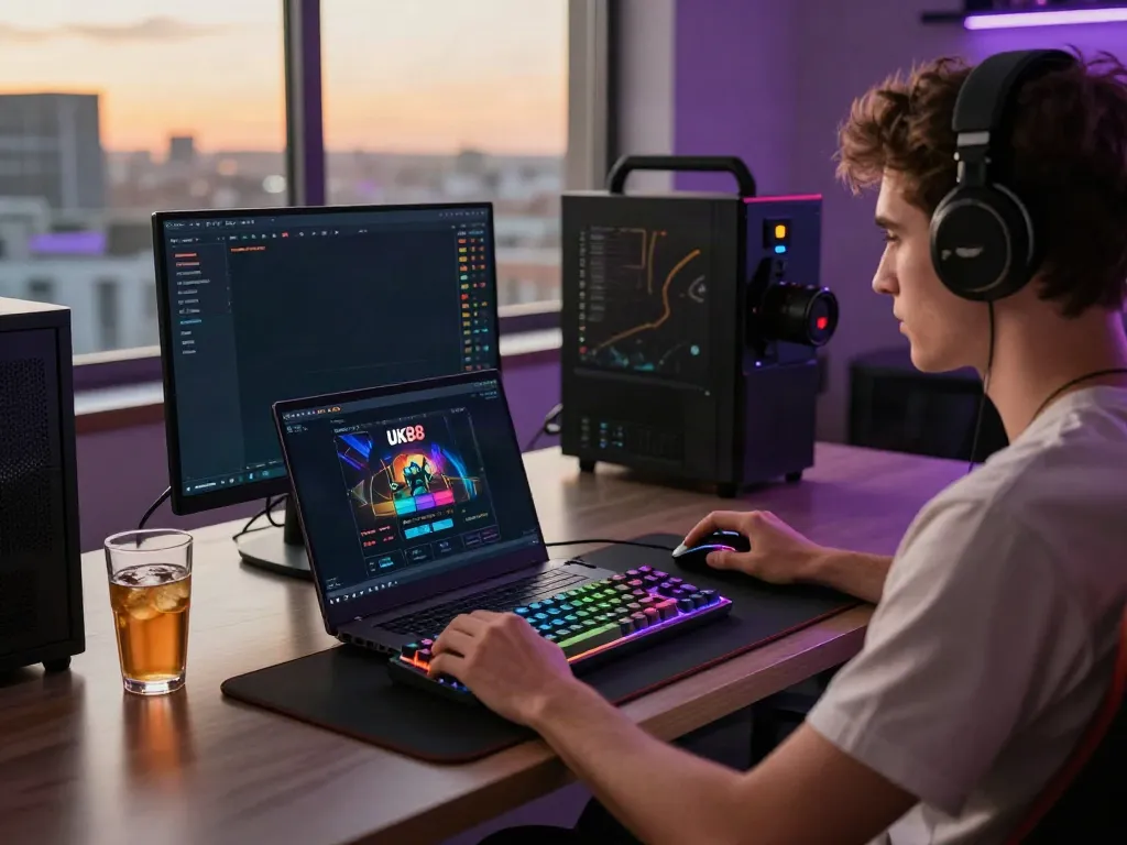 Player enjoying UK88 online gaming on a stylish laptop, vibrant modern gaming atmosphere.