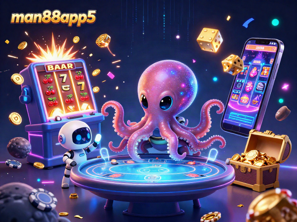 Engage with the man88app5 alien octopus at a vibrant floating poker table surrounded by dazzling casino elements.