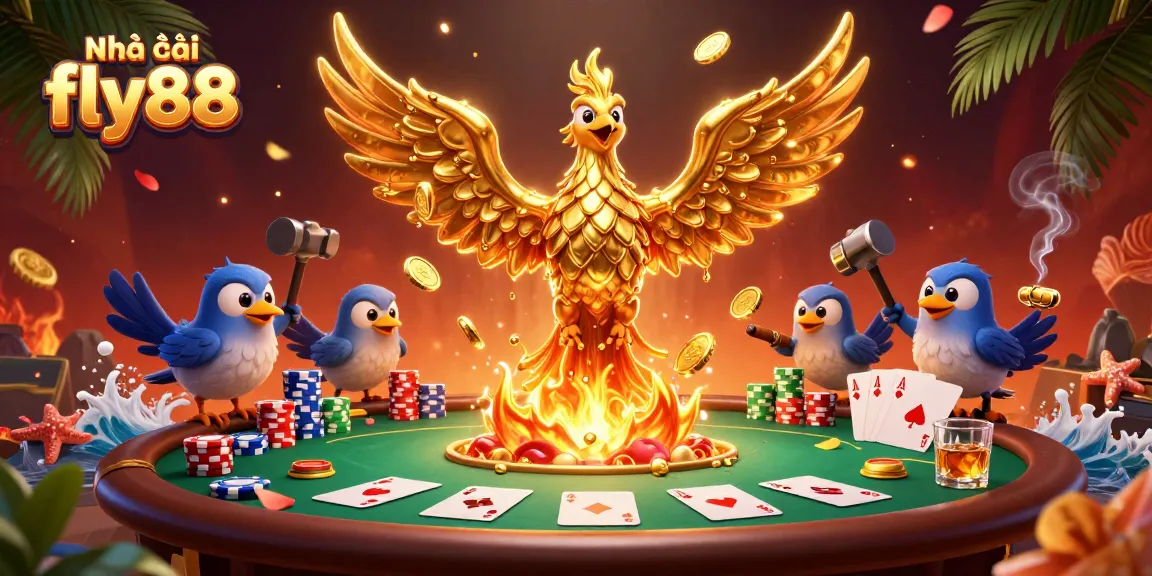 Nhà cái fly88 showcases a molten gold phoenix and poker elements, capturing the thrill of online gambling.