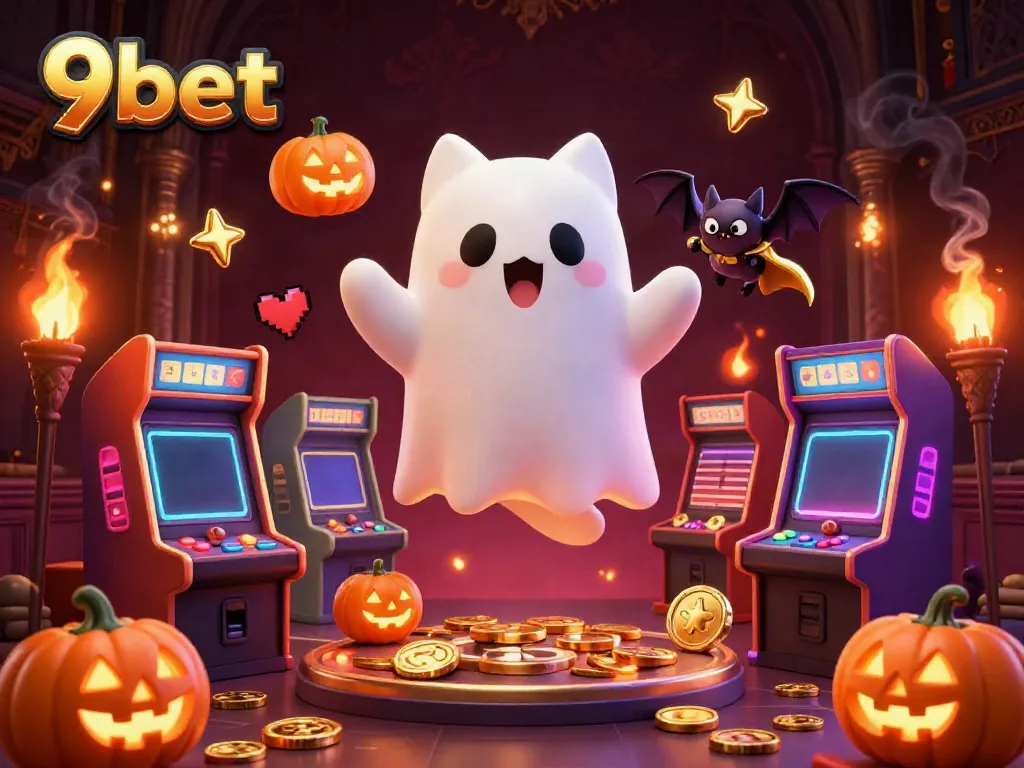 Experience the excitement of 9bet's haunted casino with jack-o-lanterns and gaming elements.