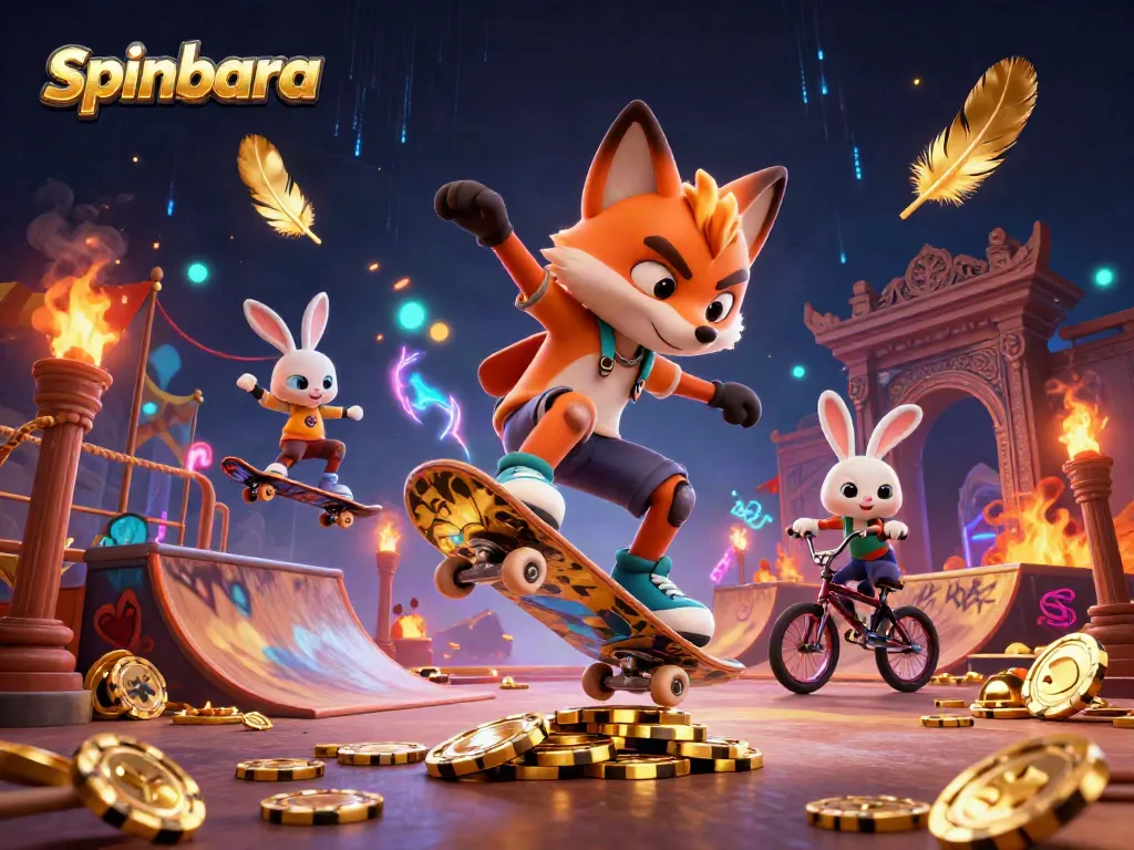 Spinbara brings excitement with a 3D illustration of a fox and rabbit in a vibrant casino scene.