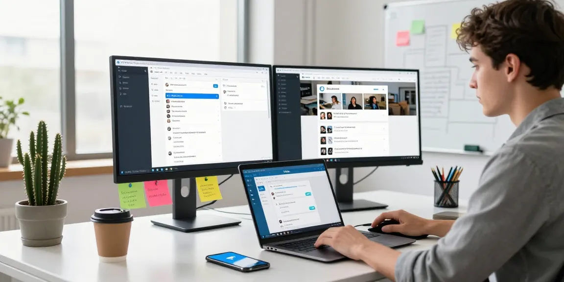 Engaging workspace with Telegram Web interface on laptop and dual monitors showing conversations.