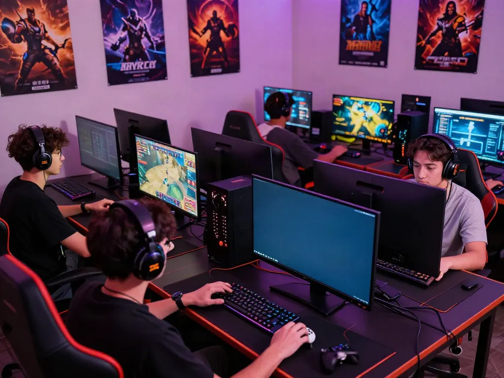 Nohuwin gamers engaging at vibrant gaming setups with colorful screens.