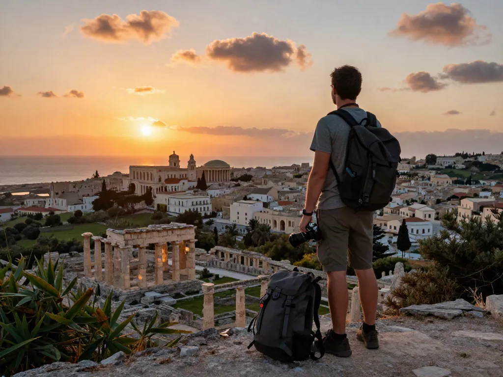 Vista panorámica de Siracusa al atardecer con un viajero contemplando el paisaje, representando la esencia de the-sierakaudalo.