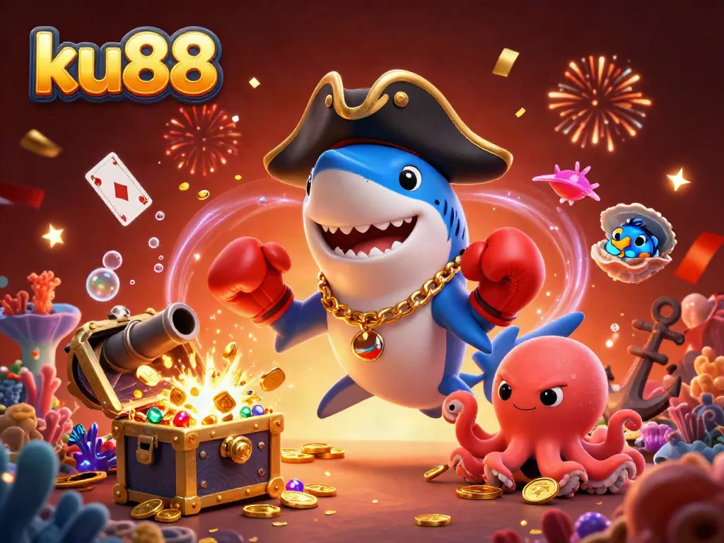 ku88 showcases an adventurous shark, pufferfish, and octopus in a vibrant underwater casino scene surrounded by treasure and excitement.