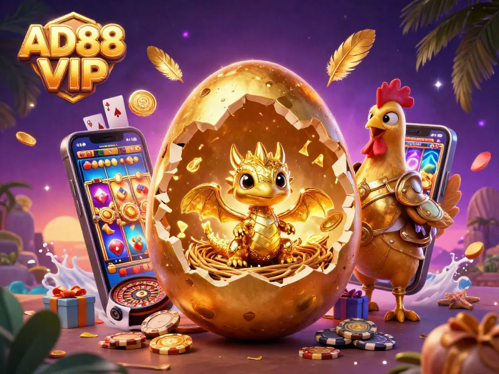 Spin the reels with AD88 VIP in a vibrant casino scene featuring a golden dragon and slot games.