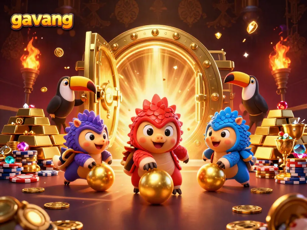 Gavang showcases rival pangolins in a dynamic casino scene, blending games and golden treasures.