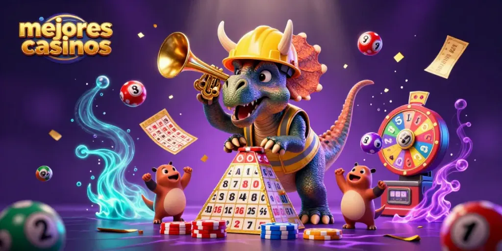 Triceratops y parasaurolophus celebran mientras destacan los mejores casinos en Perú con coloridos elementos de juego.