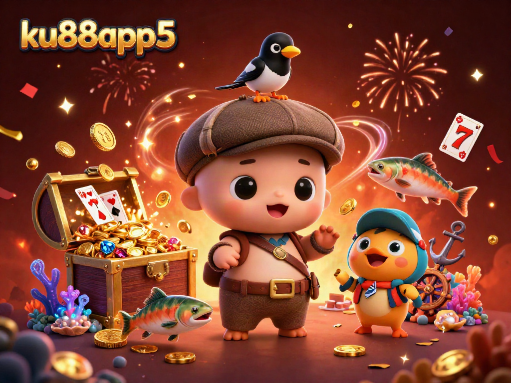 Engage with ku88app5's thrilling slot adventures in a vibrant 3D casino scene loaded with treasures.