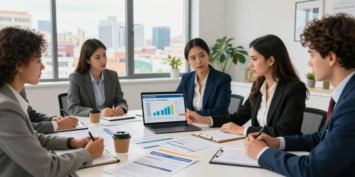 Mortgage specialists discussing préstamo hipotecario options in a modern office setting.