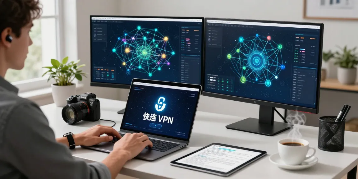 在现代家庭办公室工作区通过快连VPN安全连接，视觉效果生动。