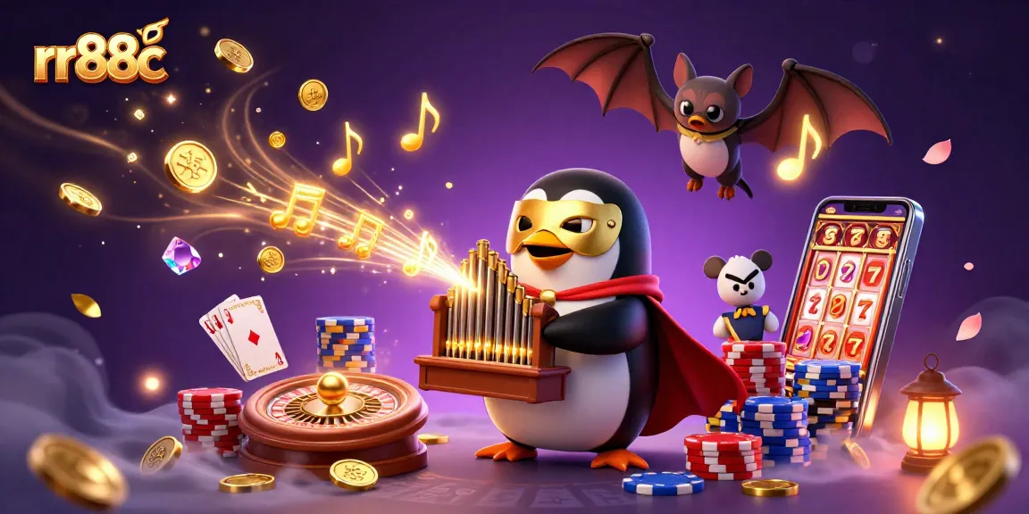 rr88c showcases a lively scene of a phantom opera penguin playing an organ, surrounded by casino elements.