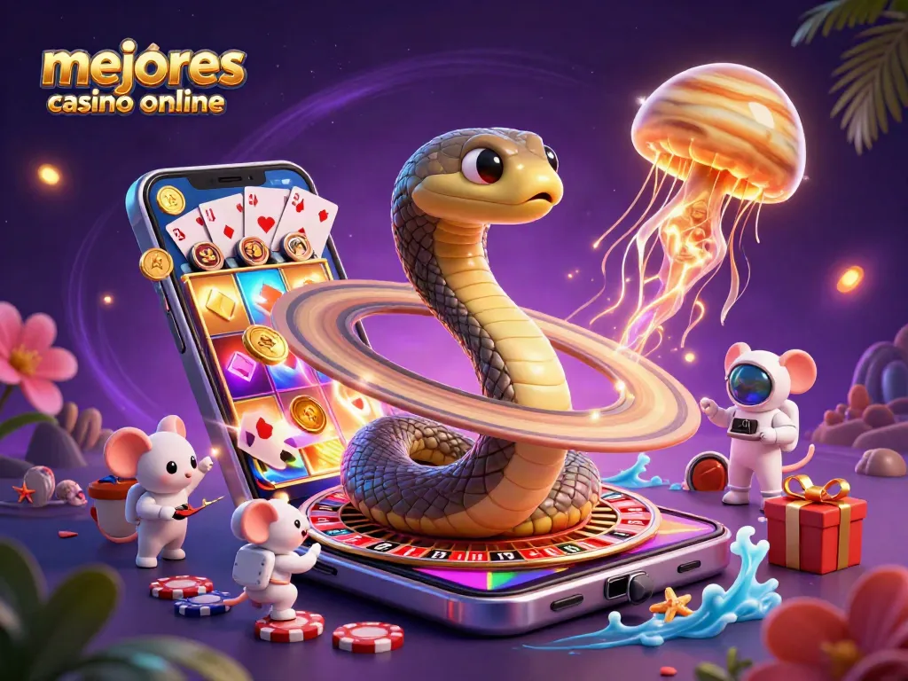 Explora los mejores casinos online en una escena vibrante con una serpiente y una medusa cósmica, elementos de juego dinámicos.