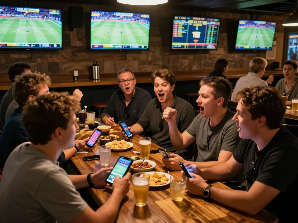 Engaging patrons placing bets in a lively sports pub while using the alo8 betting app during thrilling games.