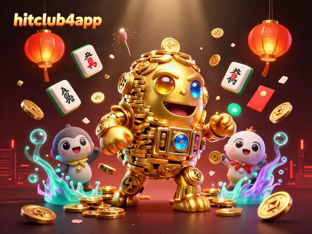 Hitclub4app showcases a jubilant scene of a golden golem surrounded by games and casino elements.